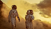 Two astronauts walking on alien planet