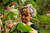 Woman tending to plants in garden