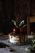 Toffee apple bonfire cake in a rustic kitchen