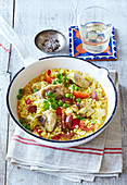 Paella with chicken and sausage
