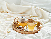 Buckwheat tea or kuqiaocha Healthy soba tea in glass cup, and glass teapot