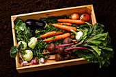 Fresh raw ripe vegetables Healthy food in wooden box on black ground background