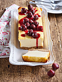 Cheesecake with warmed sour cherries