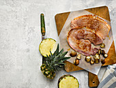 Fried pork belly (gammon steak) with mushrooms and pineapple
