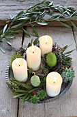 DIY Advent wreath with succulents and olive branch