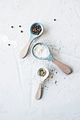 Black pepper, sea salt, and ground pepper on wooden spoons