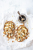 Sandwiches with blue cheese, pears, walnuts and balsamic dressing
