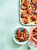 Cajun chicken traybake with sweet potato wedges and chive dip