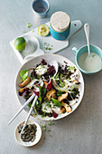Vegan superfood lentil salad with king oyster mushrooms and coconut yogurt