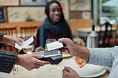 Close-up of woman paying waitress with contactless card