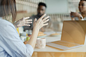 Businesswoman talking and pointing at laptop in meeting