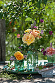 Kleine Sträuße aus Rosen, Knöterich, Witwenblumen und Labkraut in grüner Glasflasche und Glas
