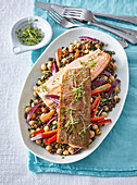 Lentil and chickpea salad with trout