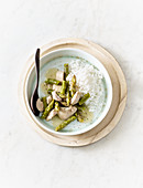 Chicken fricassee with asparagus and rice