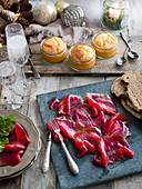 Cheese soufflés and beetroot smokes salmon