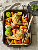 Baked chicken legs with pumpkin and vegetables