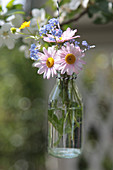 Small bouquet with daisies, forget-me-nots and buttercups in a bottle