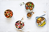 four healthy breakfast bowls - granola, muesli, and overnights