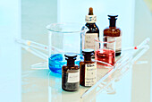 Flasks with dyes in a laboratory