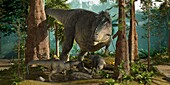 Tyrannosaurus rex dinosaur with young, illustration