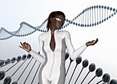 Woman using VR headset and DNA, illustration