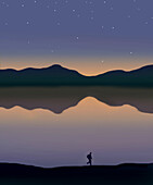 Hiker along the path of a mountain lake, illustration