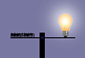 People balanced against a lightbulb on seesaw, illustration