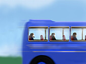 Passengers on a bus wearing face masks, illustration