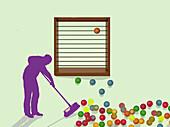 Man sweeping balls fallen from an abacus, illustration