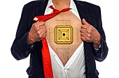Man with a chip on his chest, conceptual composite image
