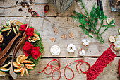 DIY Christmas wreath on wooden table
