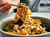 Mie Goreng (ramen) noodles with vegetables and smoked tofu
