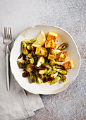 Oven-roasted Brussels sprouts with fried Shan tofu