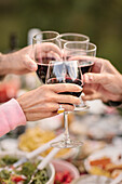 People clinking red wine glasses