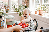 Smiling toddler reaching for tomato