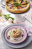 Radish and asparagus tartare, carrot quiche
