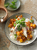 Corn-fed chicken breast with a potato-and-lentil medley and a yoghurt-and-lime sauce