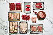 Various cuts of beef, pork, and poultry