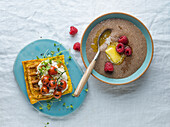 Porridge and Cheesy waffle in blue ceramics