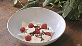 Meringue yogurt chocolate and raspberry