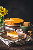 Baked lemon cheesecake served in a rustic kitchen