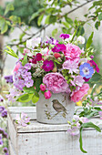 Summer bouquet of roses, Broad-leaved sweet pea, musk mallow, coneflower, phlox, cranesbill, raspberries, and ground elder flowers