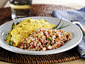 Canadian Bacon hash and an omelette breakfast with chives