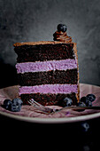 A slice of chocolate blueberry layer cake
