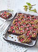 Brownies with dark chocolate and raspberries