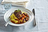 Beef cheeks stewed in red wine with potato mash