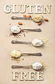Metalllöffel mit verschiedenen glutenfreien Mehlsorten und 'Gluten free' Schriftzug