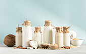 Vegan non dairy plant based milk in bottles