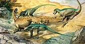 Deinonychus dinosaur with prey, illustration