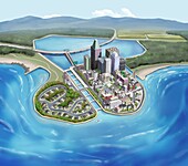 City with water reservoirs, conceptual illustration